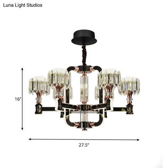 Modern Black Led Chandelier With Crystal Block Cylinder And 6/8 Bulbs
