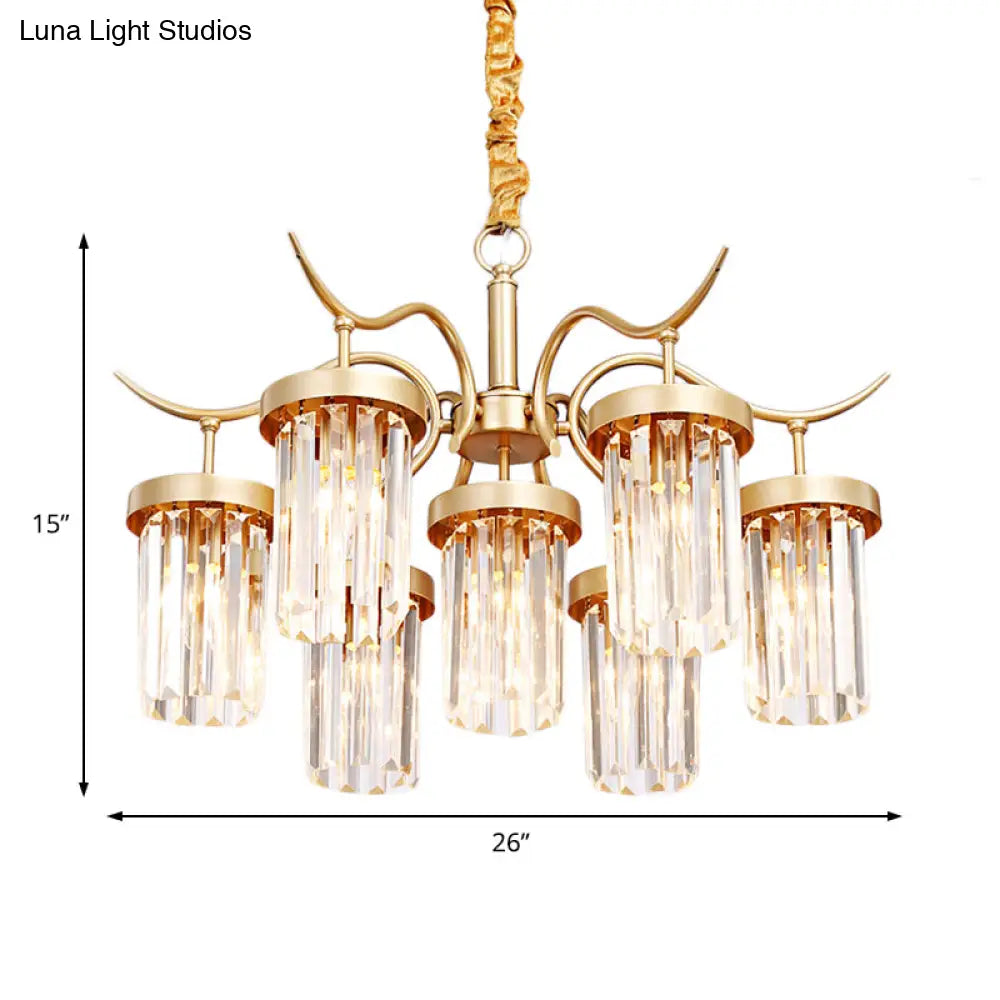 Modern Crystal Cylindrical Chandelier Light With Brass Finish - 7/9-Head Hanging Ceiling