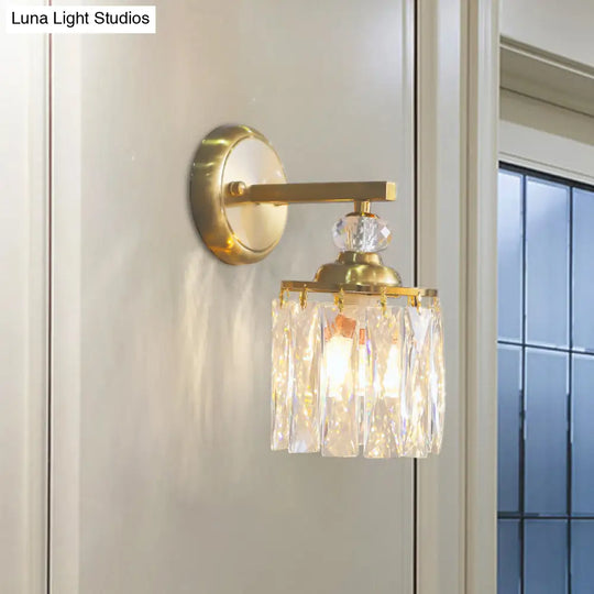 Modern Crystal Dining Room Wall Sconce - Clear Beveled Cut Cylinder Design Gold Finish