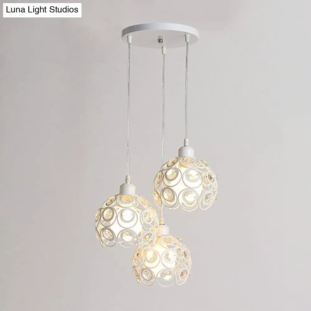 Modern Crystal Dome Metal Cage Pendant Lamp With White/Black Hanging Lights - Round/Linear Canopy