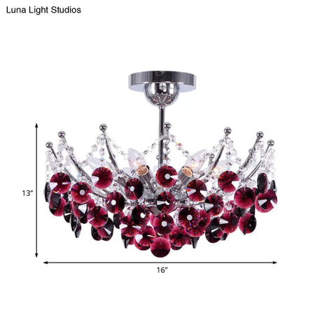 Modern Crystal Dome Semi Flush Light Fixture 5 Lights In Burgundy/Smoke Gray/Amber 16’ & 19.5’