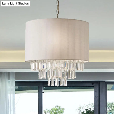 Modern Crystal Drum Chandelier: Rectangular-Cut Beige Ceiling Lamp With Fabric Shade - 3/4 Lights