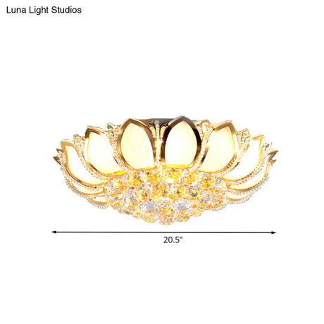 Modern Crystal Flower Flush Mount With 7 Heads In White And Gold For Living Room