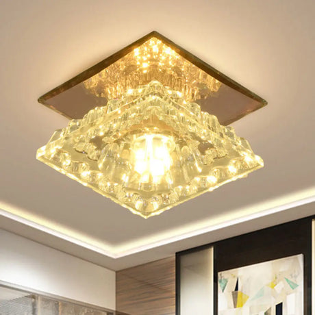 Modern Crystal Flush Ceiling Light In Gold For Corridor - Square Flushmount Led White/Warm/3 Color