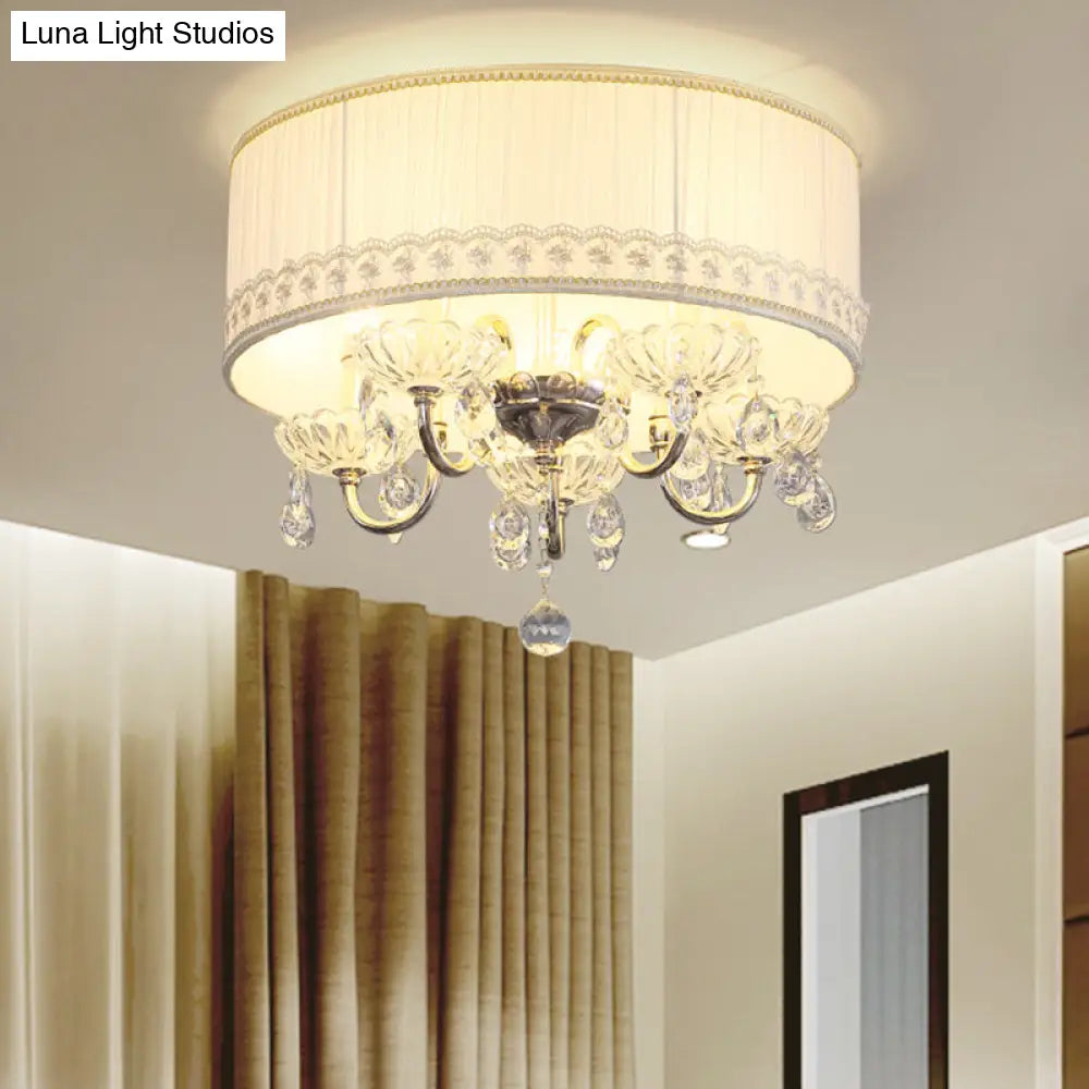 Modern Crystal Flush Light Fixture - White Candle With 5 Heads Fabric Shade & Ceiling Mounted Design