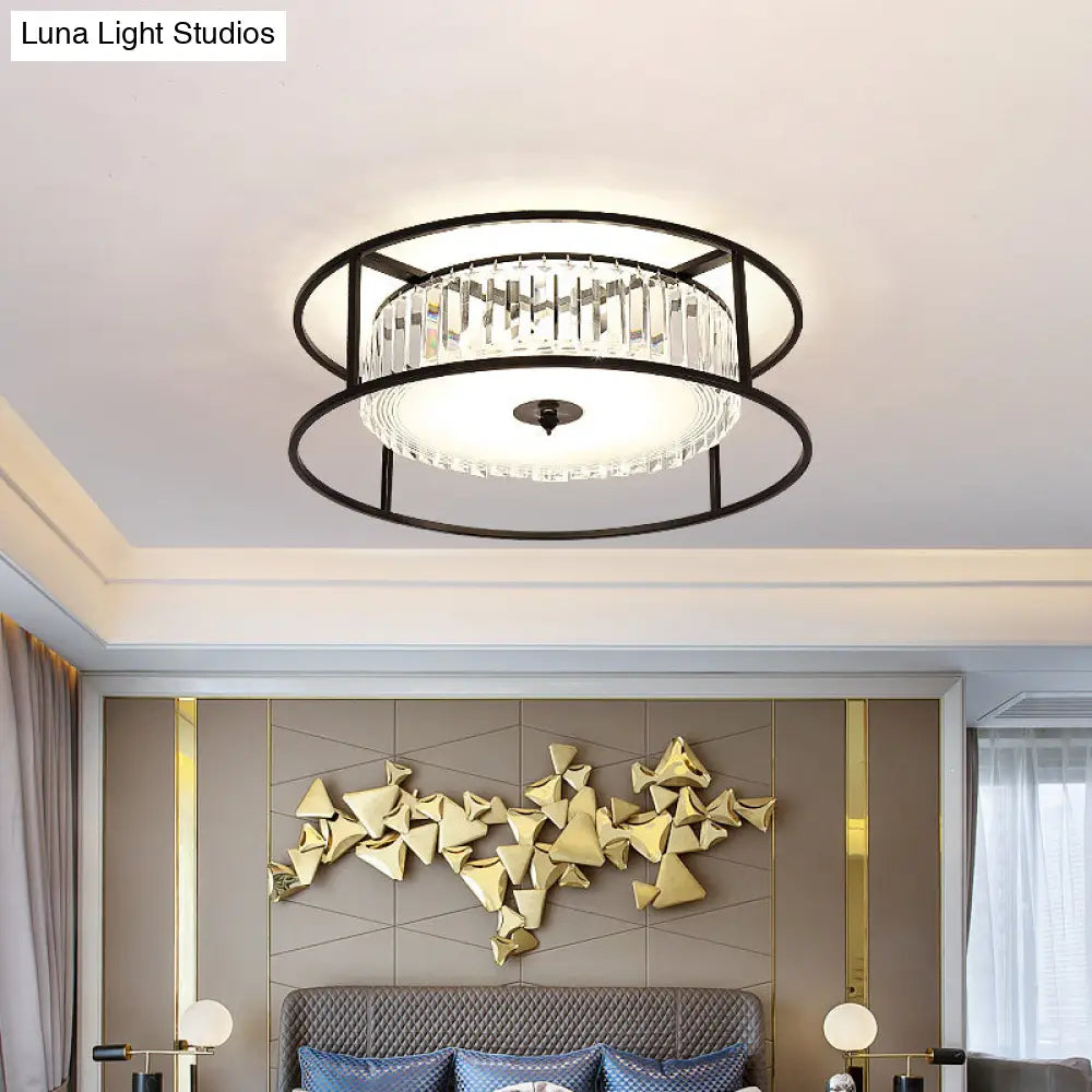 Modern Crystal Flush Light Fixture With Black Metal Frame - 5 - Head Living Room Mount Lamp