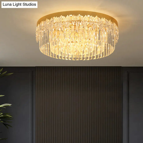 Modern Crystal Gold Flush Mount Light With Tri - Sided Drum Shape