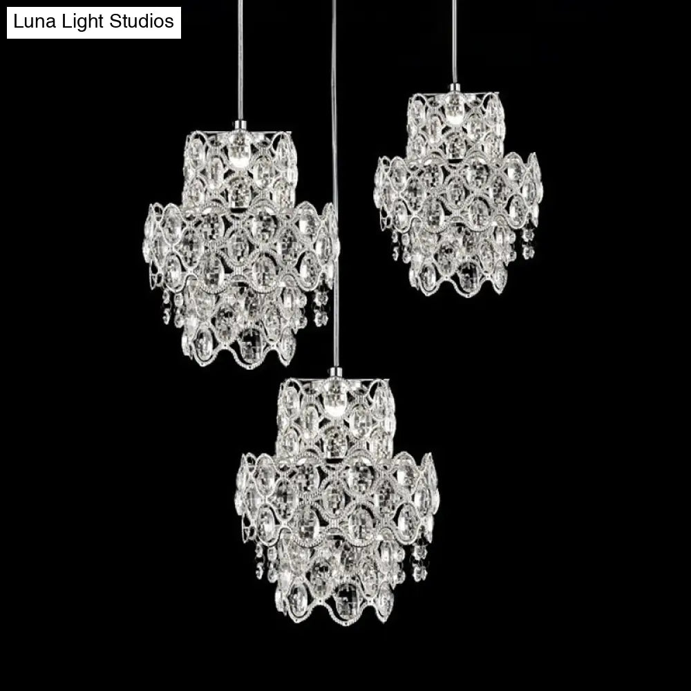 Modern Crystal Hanging Light Fixture With Clear Beveled - 3 Heads 2 Layers