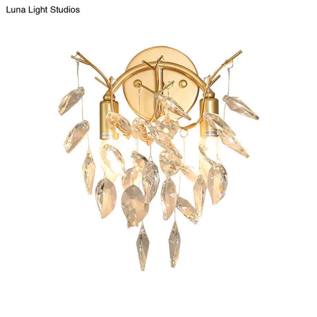 Modern Crystal Leaf Wall Sconce With Gold Finish - 2 Bulbs For Porch Lighting