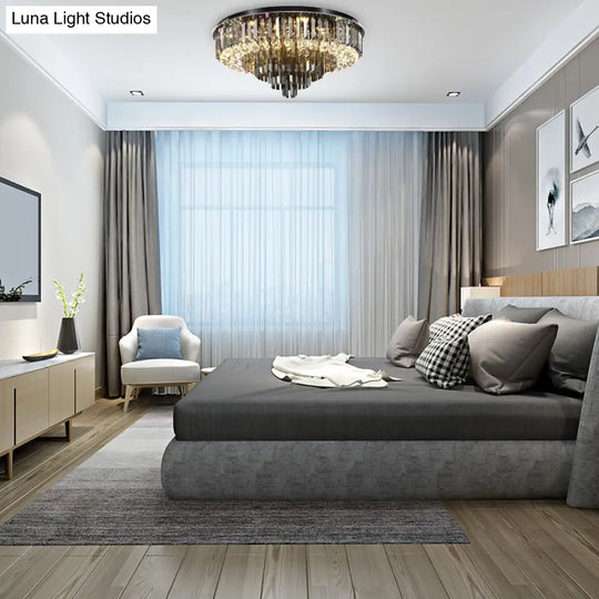 Modern Crystal Led Bedroom Ceiling Light - Smoke Gray Layered Flush-Mount Fixture 19.5/23.5 Wide /