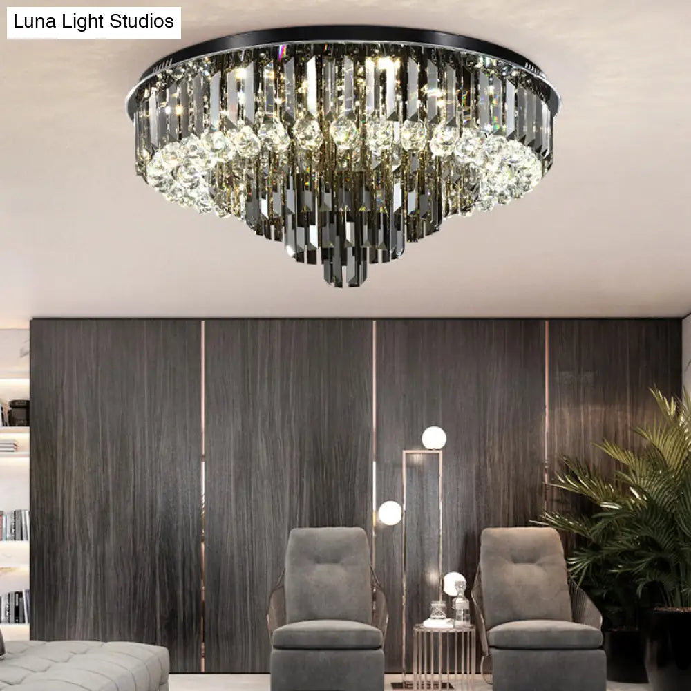 Modern Crystal Led Bedroom Ceiling Light - Smoke Gray Layered Flush - Mount Fixture 19.5’/23.5’