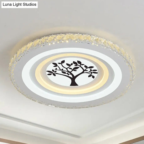 Modern Crystal Led Ceiling Light For Dining Rooms - Round Design Flush Mount White Finish