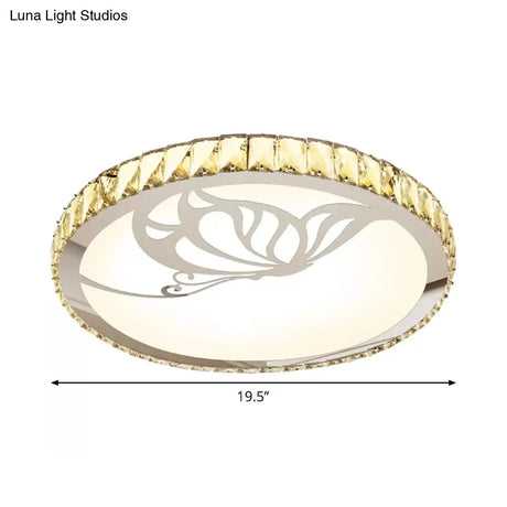 Modern Crystal Led Ceiling Light: Round Flush Mount With Warm/White Light And Butterfly/Petal