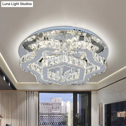 Modern Crystal Led Flush Light With Inlaid Stainless Steel Flower Design - Ideal For Living Room