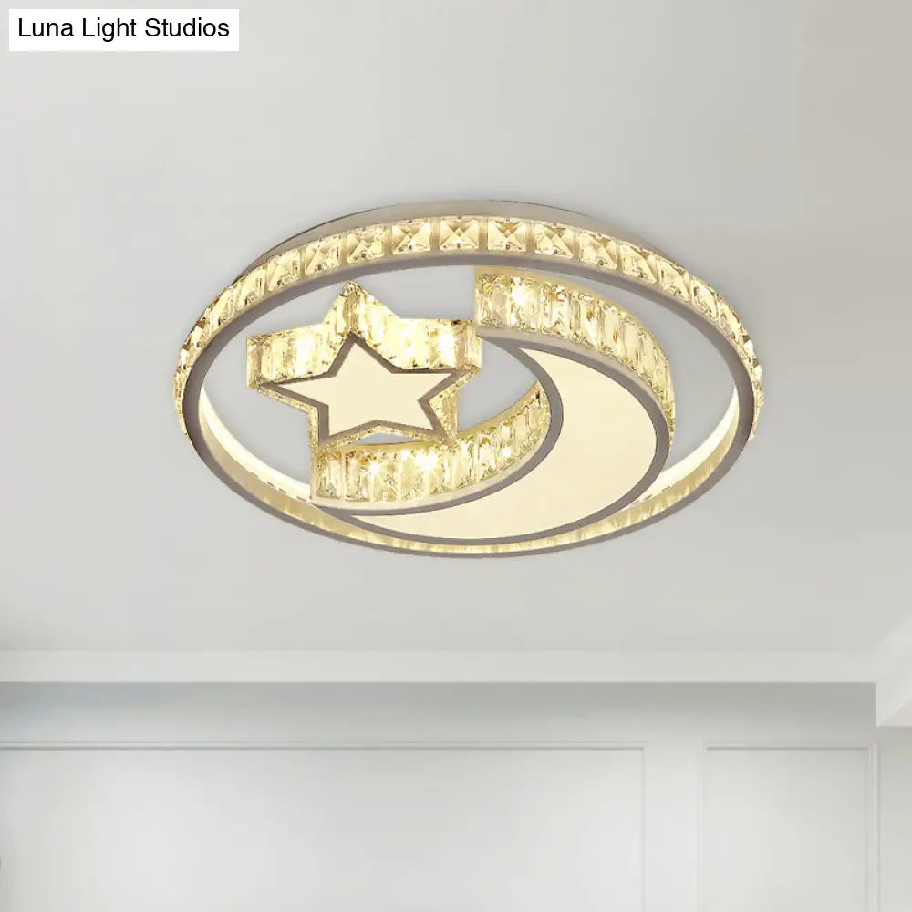 Modern Crystal Moon And Star Led Ceiling Flush Light For Bedrooms – White Mounted Lamp