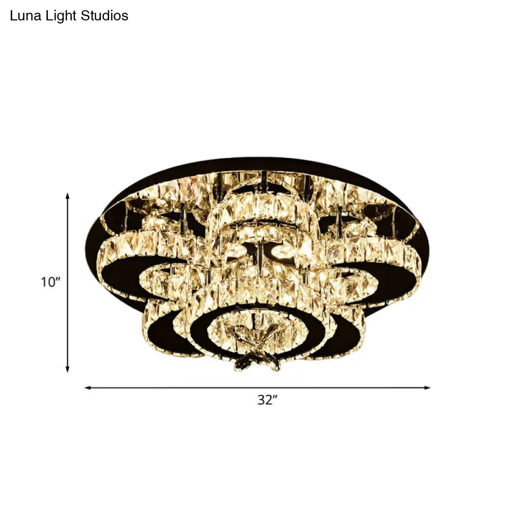 Modern Crystal Nickel Flush Mount Lamp - Flower Led Ceiling Light With Ring Design 24’/32’ Width