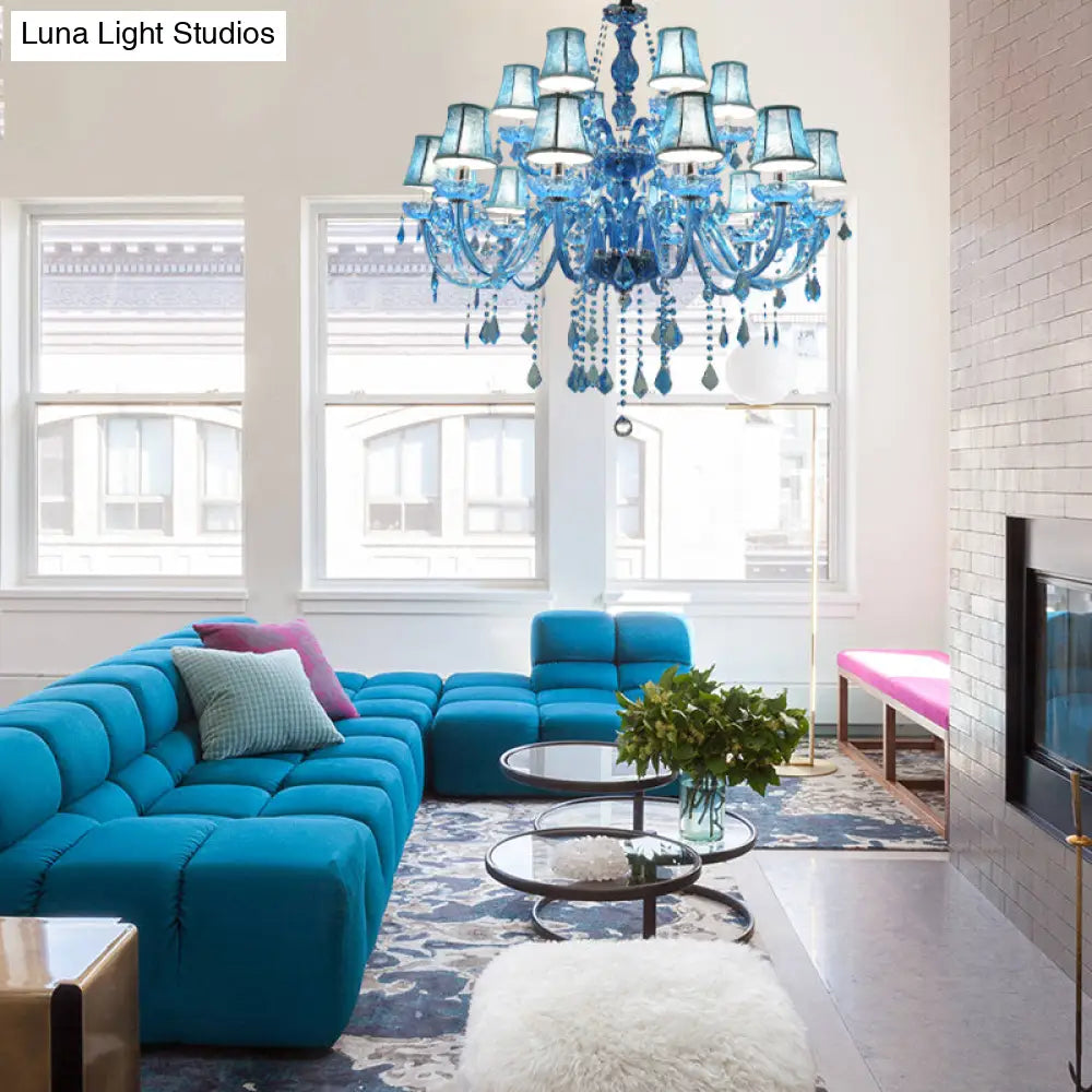 Modern Crystal Pendant Chandelier Blue Hanging Light 6/18 Bulbs Candle/Bell Design 23.5’’/37.5’’ W