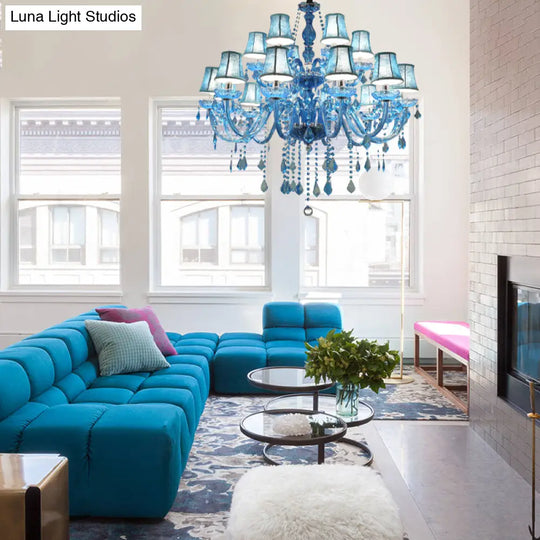 Modern Crystal Pendant Chandelier Blue Hanging Light 6/18 Bulbs Candle/Bell Design 23.5’’/37.5’’ W