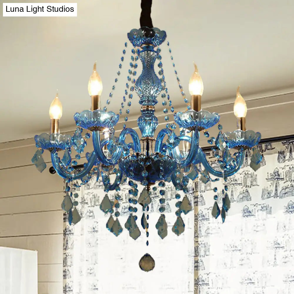 Modern Crystal Pendant Chandelier With Blue Hanging Light - 6/18 Bulbs Candle/Bell Design