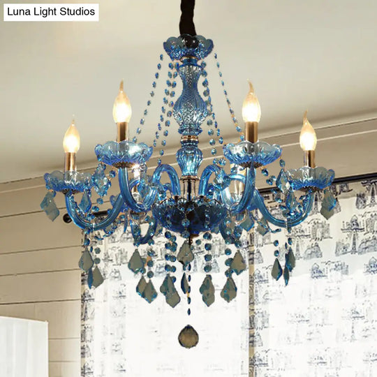 Modern Crystal Pendant Chandelier With Blue Hanging Light - 6/18 Bulbs Candle/Bell Design