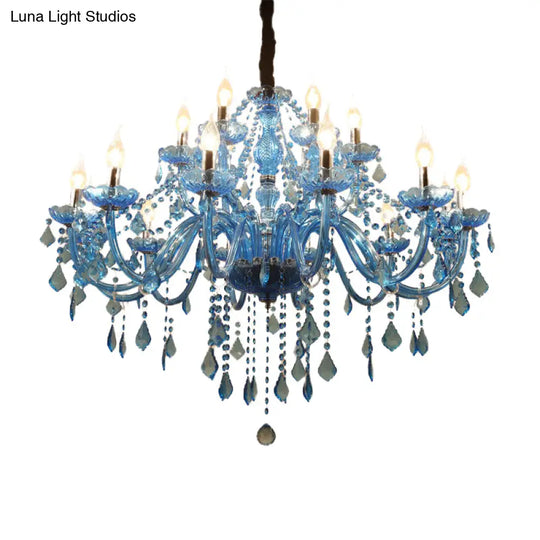 Modern Crystal Pendant Chandelier Blue Hanging Light 6/18 Bulbs Candle/Bell Design 23.5’’/37.5’’ W
