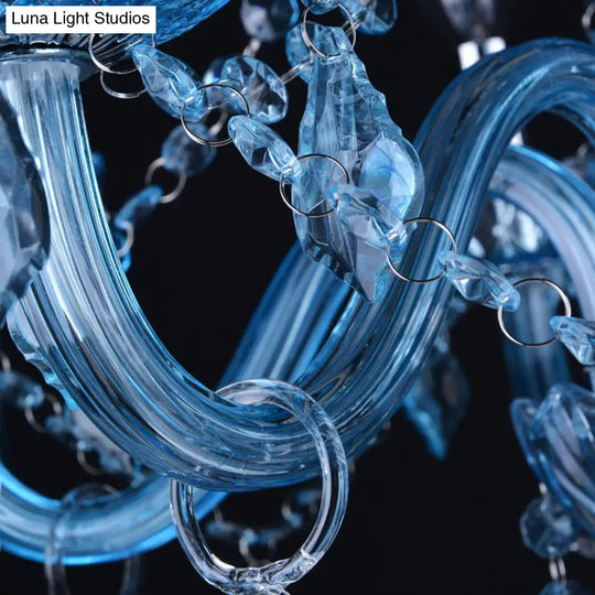 Modern Crystal Pendant Chandelier Blue Hanging Light 6/18 Bulbs Candle/Bell Design 23.5’’/37.5’’ W