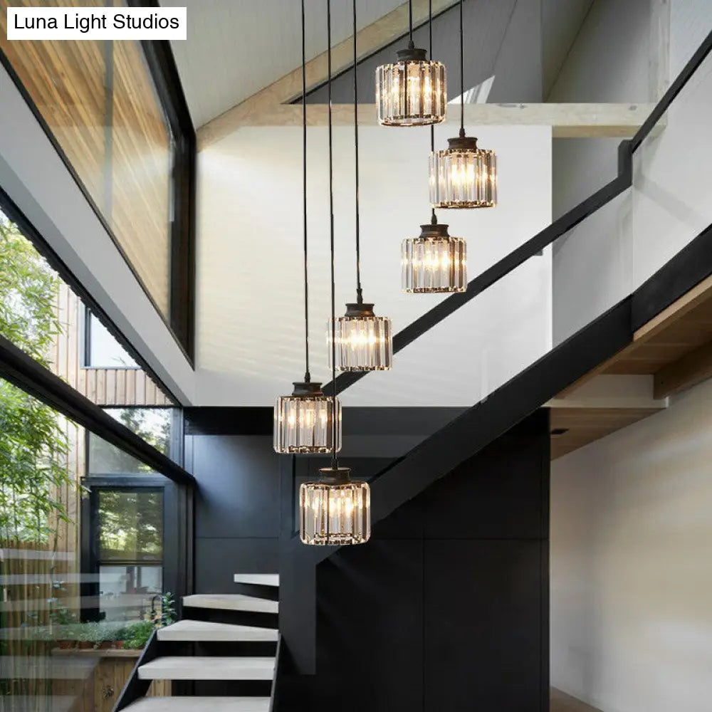 Prismatic Crystal Pendant Chandelier With Postmodern Cylindrical Design - Ideal For Stairways