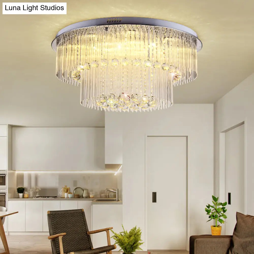 Modern Crystal Rod Ceiling Lamp - 2 Tiers Nickel Led Flush Light Fixture For Living Room