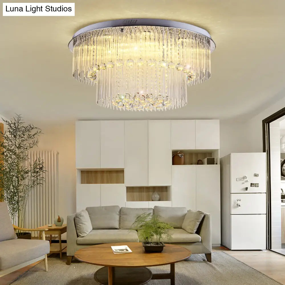 Modern Crystal Rod Ceiling Lamp - 2 Tiers Nickel Led Flush Light Fixture For Living Room