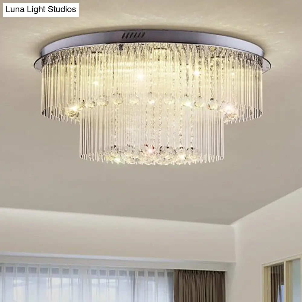 Modern Crystal Rod Ceiling Lamp - 2 Tiers Nickel Led Flush Light Fixture For Living Room