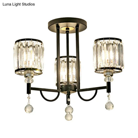 Modern Crystal Semi Flush Ceiling Light With Black Cylinder Design Ideal For Bedroom