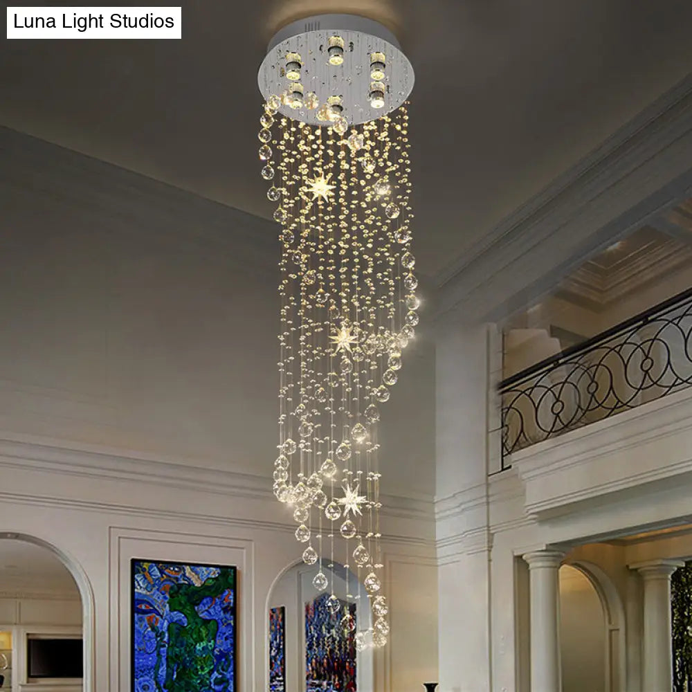 Modern Crystal Silver Waterfall Pendant Light With Led 6 Head Ceiling Suspension Lamp