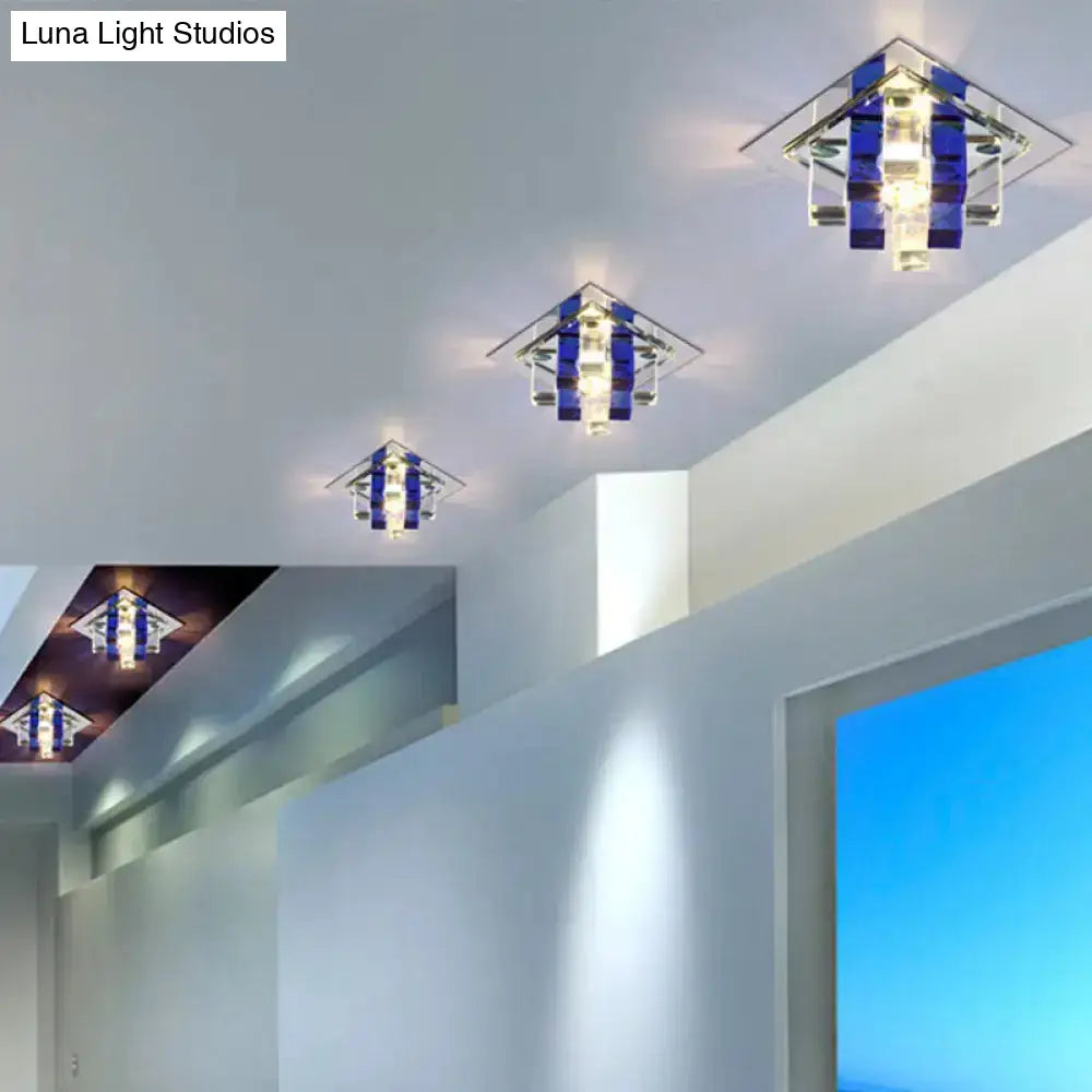Modern Crystal Square Led Flushmount Light For Corridors Blue