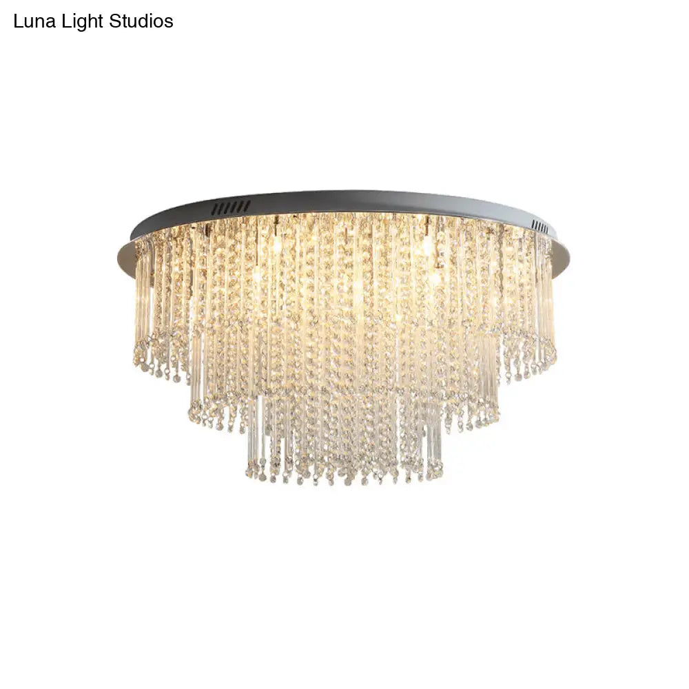 Modern Crystal Strand 3-Tier Nickel Led Ceiling Light Flush Mount For Living Room