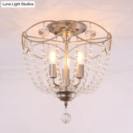 Modern Crystal Strand Semi Flush Mount Light With 3 Silver Ceiling Lights
