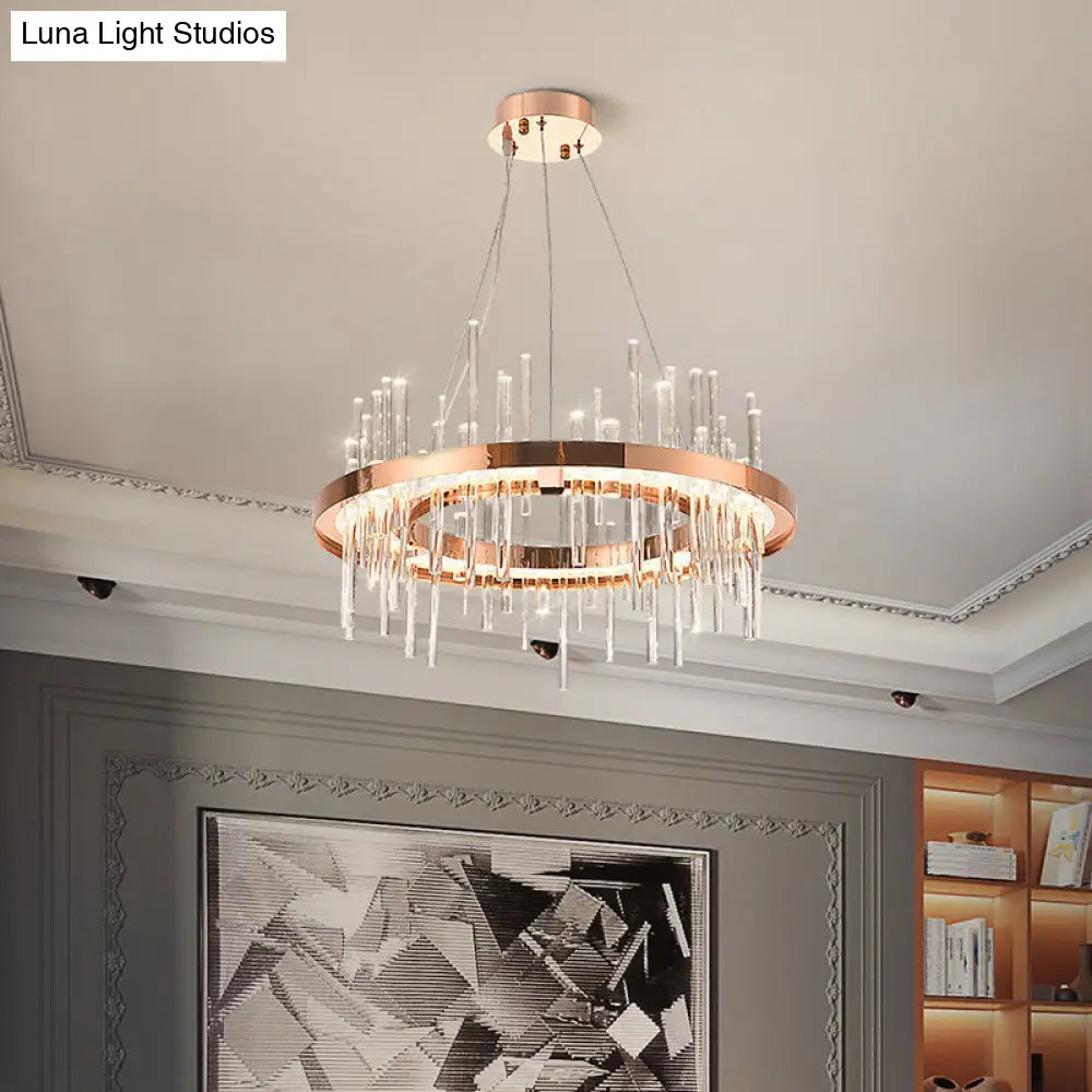 Modern Crystal Strip Led Chandelier - Rose Gold Circle Ceiling Suspension Lamp For Bedroom