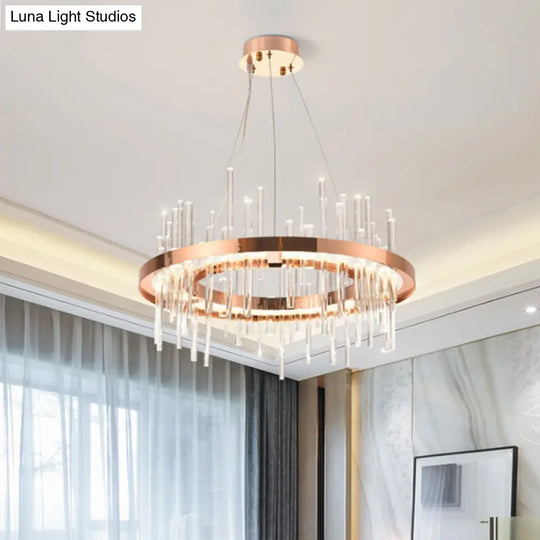 Modern Crystal Strip Led Chandelier - Rose Gold Circle Ceiling Lamp For Bedroom