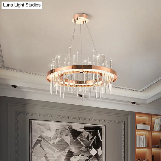 Modern Crystal Strip Led Chandelier - Rose Gold Circle Ceiling Lamp For Bedroom