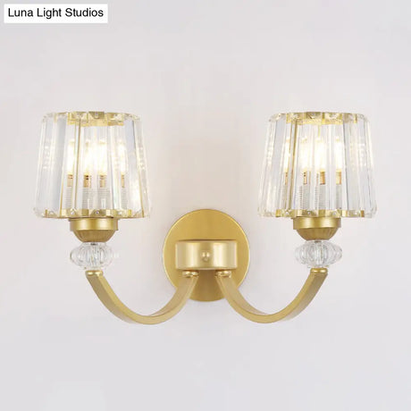 Modern Crystal Wall Lamp: Clear Barrel With Curved Arm In Black/Gold - 1/2-Light Mounted Lighting