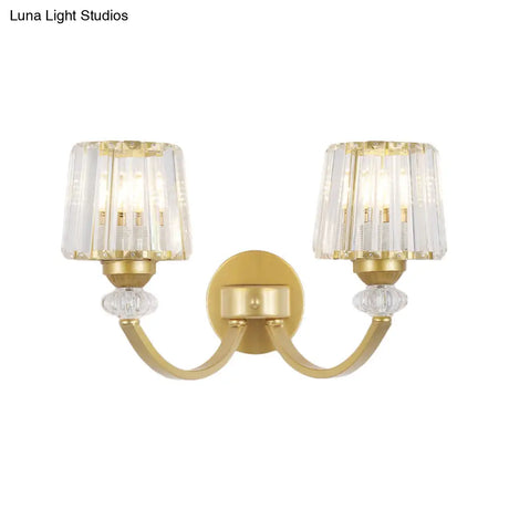 Modern Crystal Wall Lamp: Clear Barrel With Curved Arm In Black/Gold - 1/2-Light Mounted Lighting