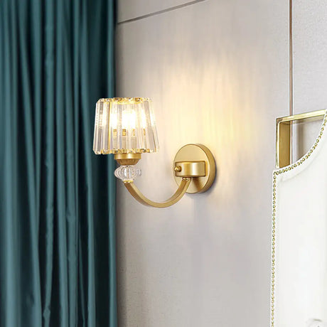 Modern Crystal Wall Lamp: Clear Barrel With Curved Arm In Black/Gold - 1/2-Light Mounted Lighting 1