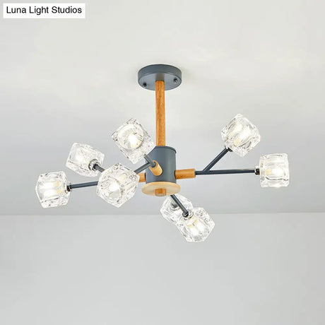 Modern Cube Clear Crystal Chandelier With 8 Grey Wood Branch Lights
