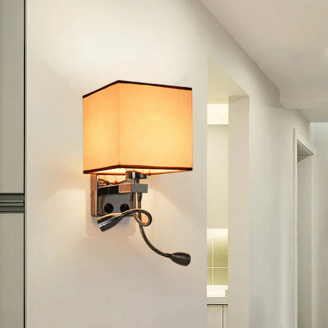 Modern Cube Wall Sconce With Fabric Shade- 1 Light Mount In White/Black/Beige Beige