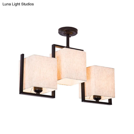 Modern Cuboid Semi Flush Mount With 3 Bulbs And Fabric Shade