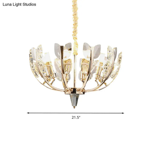Modern Curved Arm Ceiling Light With Leaf Crystal 8/10 Heads Brushed Brass Finish