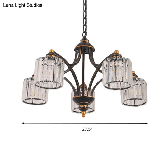 Modern Curved Arm Chandelier With Clear Tri-Sided Crystal Rods - 3/5/6 Heads Black Ceiling Fixture