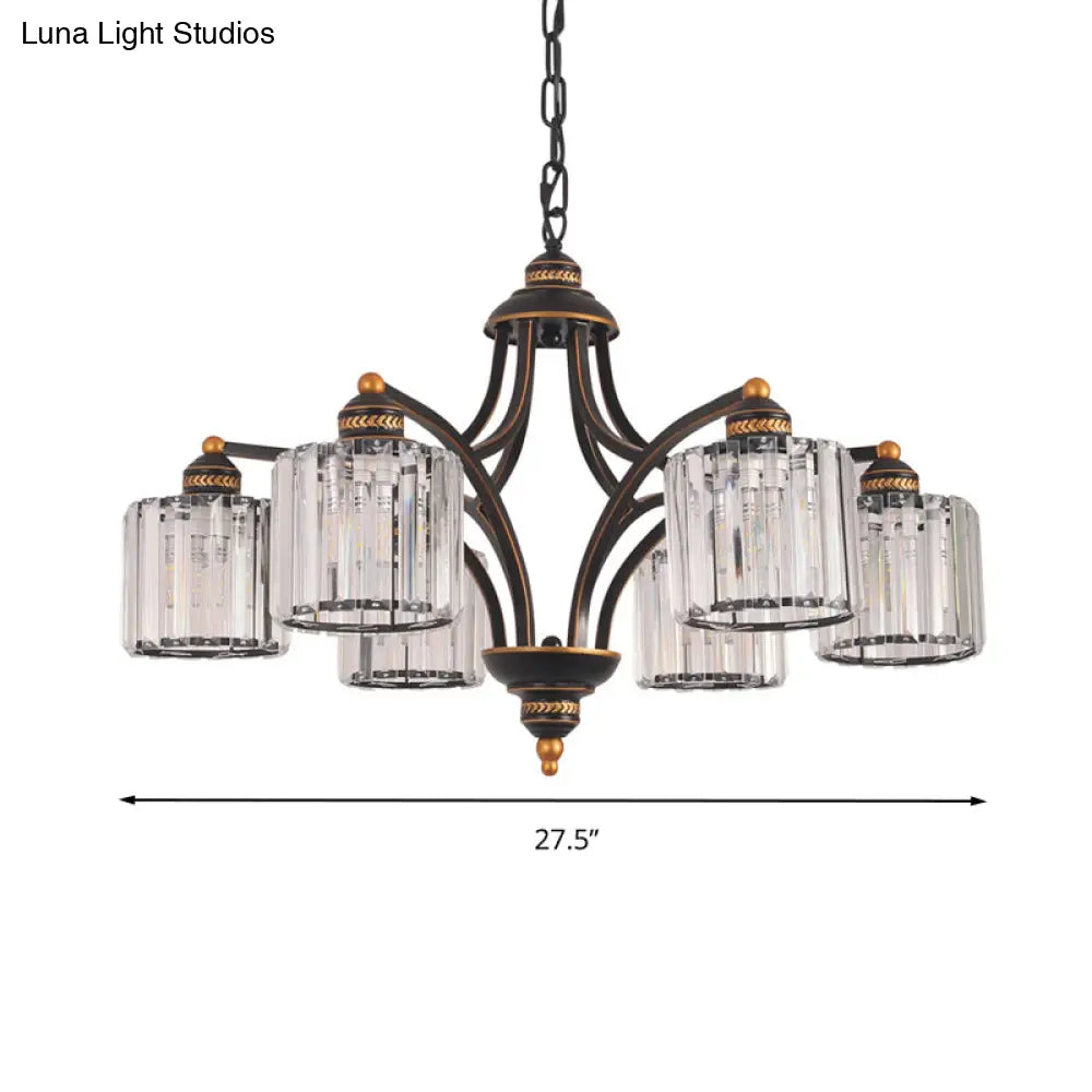 Modern Curved Arm Chandelier With Clear Tri-Sided Crystal Rods - 3/5/6 Heads Black Ceiling Fixture