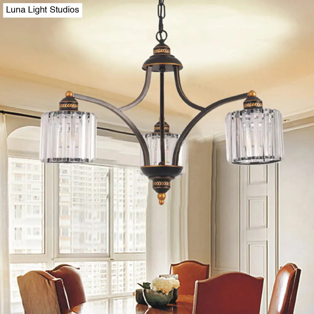 Modern Curved Arm Chandelier With Clear Tri-Sided Crystal Rods - 3/5/6 Heads Black Ceiling Fixture