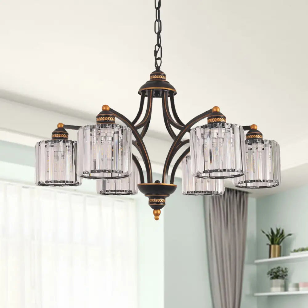 Modern Curved Arm Chandelier With Clear Tri-Sided Crystal Rods - 3/5/6 Heads Black Ceiling Fixture 6