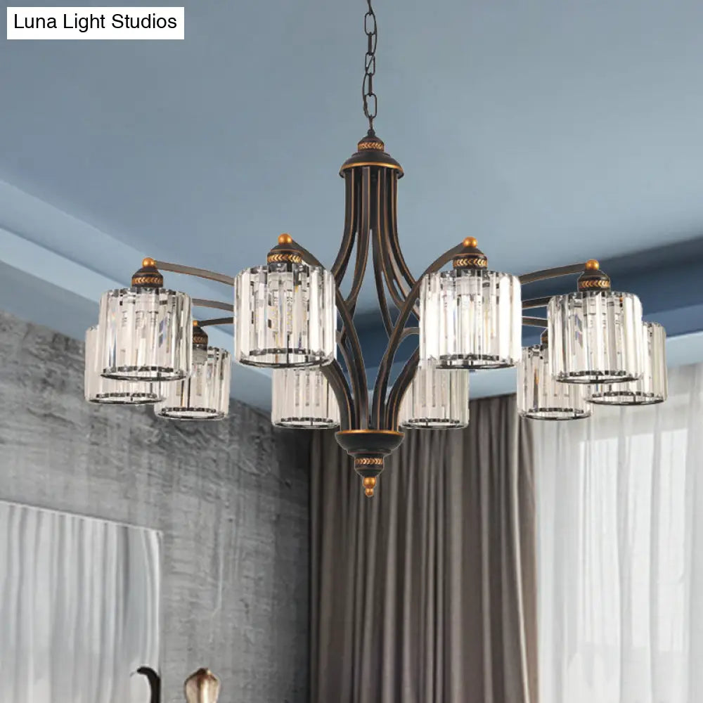 Modern Curved Arm Chandelier With Clear Tri-Sided Crystal Rods - 3/5/6 Heads Black Ceiling Fixture